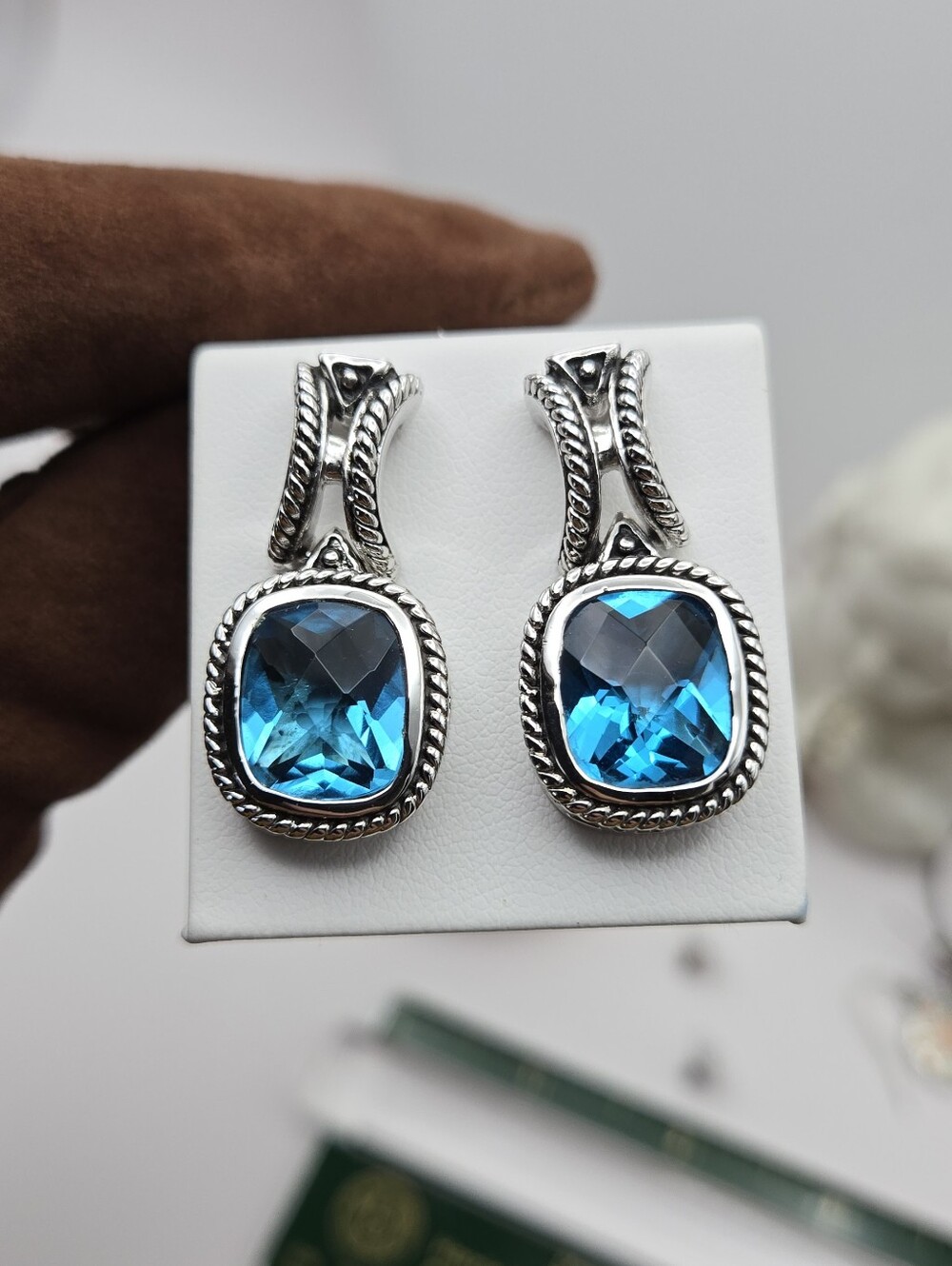 Silver Tone Vintage Blue Topaz Cushion Drop Earrings